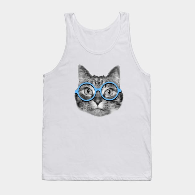 Cute hipster cat wearing big blue eyeglasses Tank Top by Purrfect